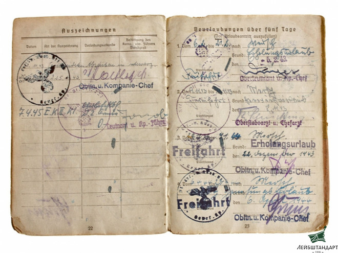 Один из видов Солдатская книжка и наградные листы на Железный крест 2 класса и "черное" ранение (с наградами в комплекте), Германия - Увеличенное изображение